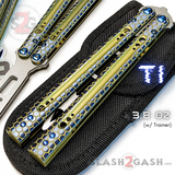 The ONE Python Clone TITANIUM Balisong Trainer Butterfly Knife - Hex Blue Yellow Gold Practice Safe Dull