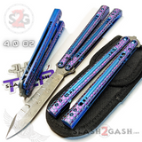 The ONE Python Clone Balisong TITANIUM Sharp Butterfly Knife - Hex Blue Purple Real Damascus Live Blade