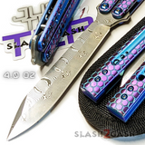 The ONE Python Clone Balisong TITANIUM Sharp Butterfly Knife - Damascus Hex Blue Purple Real Live Blade