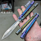 The ONE Python Clone Balisong TITANIUM Sharp Butterfly Knife - Hex Blue Purple Gold Real Damascus Live Blade