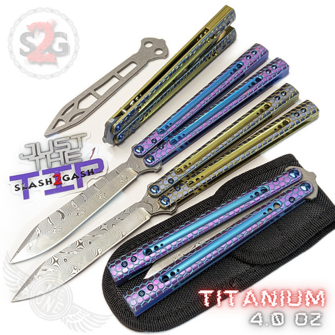 The ONE Python Hex Balisong Clone TITANIUM Butterfly Knife - Damascus Bushings