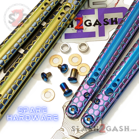 The ONE Python Clone Spare Hardware Balisong TITANIUM Butterfly Knife Blue Screws Pivots Bushings Washers