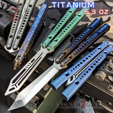 The ONE Squiggle Replicant Balisong Clone CHEP TITANIUM Butterfly Knife - D2 Channel Pinless Bushings Floating Washers
