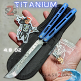 The ONE Tsunami Balisong Clone TITANIUM Butterfly Knife - Blue Channel Damascus Sharp Live