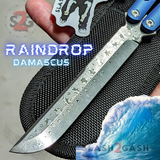 Damascus Tsunami Balisong Clone The ONE TITANIUM Butterfly Knife - Blue Channel Raindrop Damascus Sharp Live