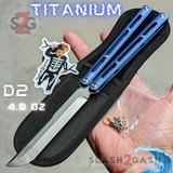 The ONE Tsunami Balisong Clone TITANIUM Butterfly Knife - Blue Channel Sharp Live D2 Stonewash
