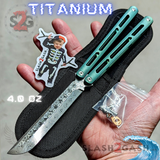 The ONE Tsunami Balisong Clone TITANIUM Butterfly Knife - Green Channel Damascus Sharp Live