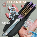 Tsunami Balisong Clone The ONE TITANIUM Butterfly Knife - Purple Fade Channel Damascus Sharp Live