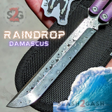 Raindrop Damascus Tsunami Balisong Clone The ONE TITANIUM Butterfly Knife - Purple Fade Channel Sharp Live