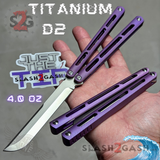 Tsunami Balisong Clone The ONE TITANIUM Butterfly Knife - Solid Purple Channel Sharp Live D2 Stonewash