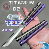 Tsunami Balisong Clone The ONE TITANIUM Butterfly Knife - Purple Silver Channel Sharp Live D2 Stonewash