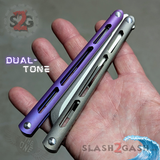 Tsunami Balisong Clone The ONE TITANIUM Butterfly Knife - Purple Silver Channel Sharp Live D2 Stonewash