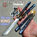 The ONE Tsunami Balisong Kind of Clones TITANIUM Butterfly Knife - Channel Damascus Toxic Fire Anodized 