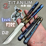 Tsunami Balisong Clone The ONE TITANIUM Butterfly Knife - Toxic Fire Channel Sharp Live D2 Stonewash Blade