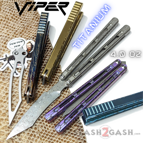 The ONE Viper Balisong Clone TITANIUM Butterfly Knife - Channel Damascus D2 Bushings Floating Washers