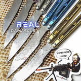 The ONE Viper Balisong Clone TITANIUM Butterfly Knife - Real Damascus Layered 1095 15n20 Blade