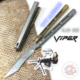 The ONE Viper Balisong Clone TITANIUM Butterfly Knfie - Gold Silver Damascus Sharp Live Blade
