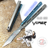 The ONE Viper Balisong Clone TITANIUM Butterfly Knfie - Green Gray Silver Damascus Sharp Live Blade