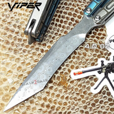 The ONE Viper Balisong Clone TITANIUM Butterfly Knfie - Green Gray Silver Damascus Sharp Live Blade