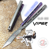The ONE Viper Balisong Clone TITANIUM Butterfly Knfie - Purple Gray Silver Damascus Sharp Live Blade