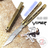 The ONE Viper Balisong Clone TITANIUM Butterfly Knfie - Gold Yellow Damascus Sharp Live Blade