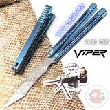 The ONE Viper Balisong Clone TITANIUM Butterfly Knfie - Green Damascus Sharp Live Blade