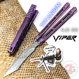 The ONE Viper Balisong Clone TITANIUM Butterfly Knfie - Purple Damascus Sharp Live Blade