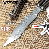 The ONE Viper Balisong Clone TITANIUM Butterfly Knfie - Toxic Fire Burning Damascus Sharp Live Blade