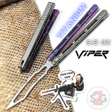 The ONE Viper Butterfly Knife Clone TITANIUM Balisong - Purple Gray Silver Trainer Safe Dull Practice Training
