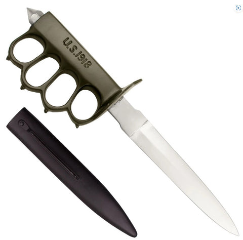 Trench Knife 11 Inch Carbon Steel Dagger OD Green Knuckles U.S. 1918 Fixed Blade Metal Scabbard - Combat Ready