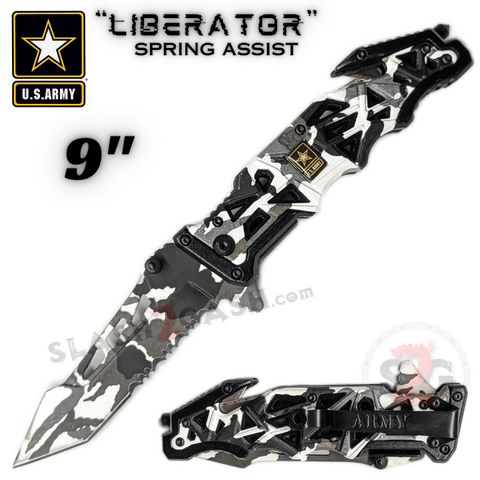 9" Spring Assist Folding Pocket Knife Single Edge Serrated - U.S. Army Knife Un-Licensed "Liberator" Snow Camo Tactical Rescue Knives
