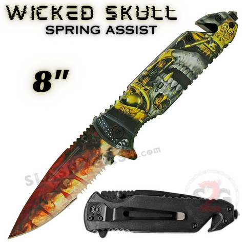 8" Spring Assist Folding Pocket Knife Single Edge Serrated Rescue Knives - Skull with Hat