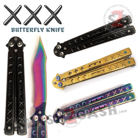 Triple X Butterfly Knife SHARP Steel Balisong  XXX Recurve Blade Bat Wing - Assorted Colors