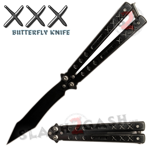 Black Butterfly Knife SHARP Steel Balisong - XXX Recurve Blade Bat Wing