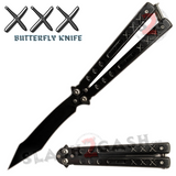 Triple X Butterfly Knife SHARP Steel Balisong XXX Recurve Blade Bat Wing - Black