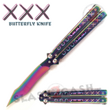 Triple X Butterfly Knife SHARP Steel Balisong XXX Recurve Blade Bat Wing - Rainbow