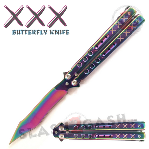 Rainbow Butterfly Knife SHARP Steel Balisong - XXX Recurve Blade Bat Wing