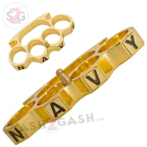 Navy Brass Knuckles Heavy Duty Belt Buckle Paperweight - Shiny Gold
