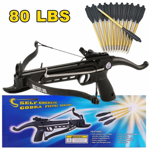 80 lb Self Cocking Pistol Crossbow W/ 15 Arrows Bolts Hunting Archery Gun