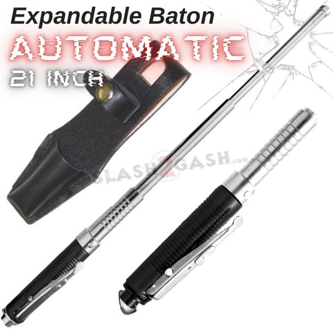 AUTOMATIC Baton Police Grade W/Leather Solid Metal Stick Chrome