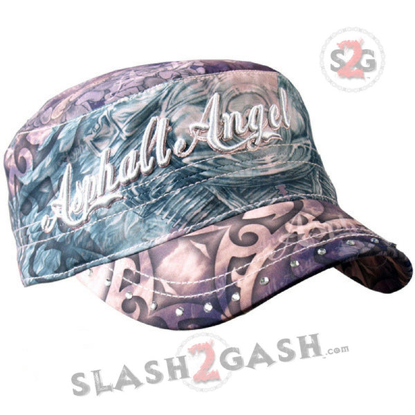 Hot Leathers Asphalt Angel Wings Cadet Cap w/ Rhinestones