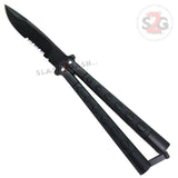 Jaguar Butterfly Knife HEAVY Taiwan Balisong - 4mm Black Serrated FAT Knuckle Banger w/ round inserts