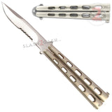Jaguar Butterfly Knife HEAVY Taiwan Balisong - 4mm Champagne Serrated FAT Knuckle Banger Silver