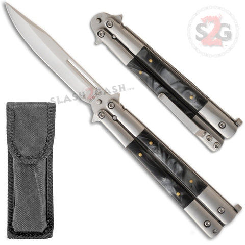 Black Marble Butterfly Knife Pearl Swirl Balisong - Plain Edge w/ Clip and Sheath