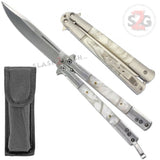 White Marble Butterfly Knife Pearl Swirl Balisong - Plain Edge w/ Clip and Sheath