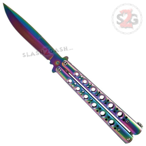 Classic 6 Hole Butterfly Knife w/ Spring Latch Balisong Sandwich Version Weehawk - Titanium Rainbow