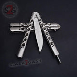 Classic 6 Hole Butterfly Knife w/ Spring Latch Balisong Sandwich Version - Silver