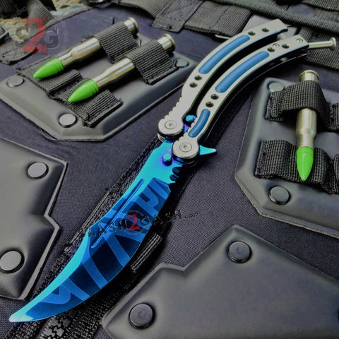 CSGO Blue Slaughter Butterfly Knife TRAINER Dull PRACTICE Balisong Grey handle CS:GO