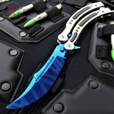 CSGO Blue Slaughter Butterfly Knife TRAINER Dull PRACTICE CS:GO Counter Strike Balisong SILVER