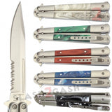 Butterfly Flip Knife w/ Acrylic Inserts Serrated Balisong - w/ Pocket Clip White Marble Blue Pearl Green Swirl Black Rosewood
